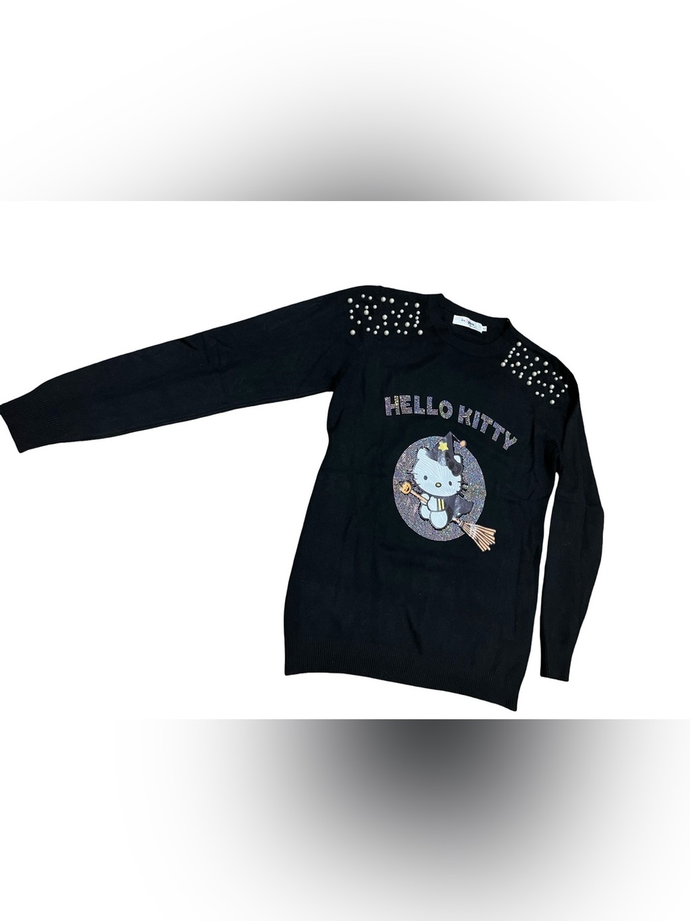 Black Flying Witch Hello Kitty Sweater Rhinestones and Pearl Embellishments Sz M